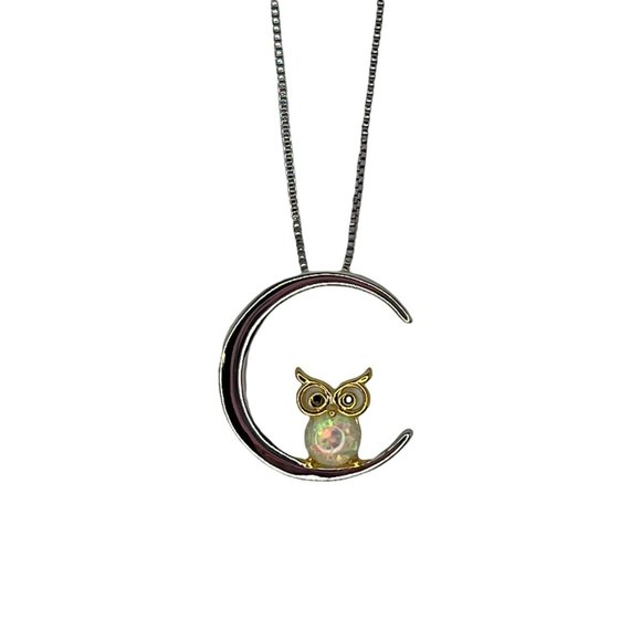 Animal Lovers Jewelry - Opal Owl Sitting in Crescent Moon Necklace Charm with Chain 10 in Animal Lovers